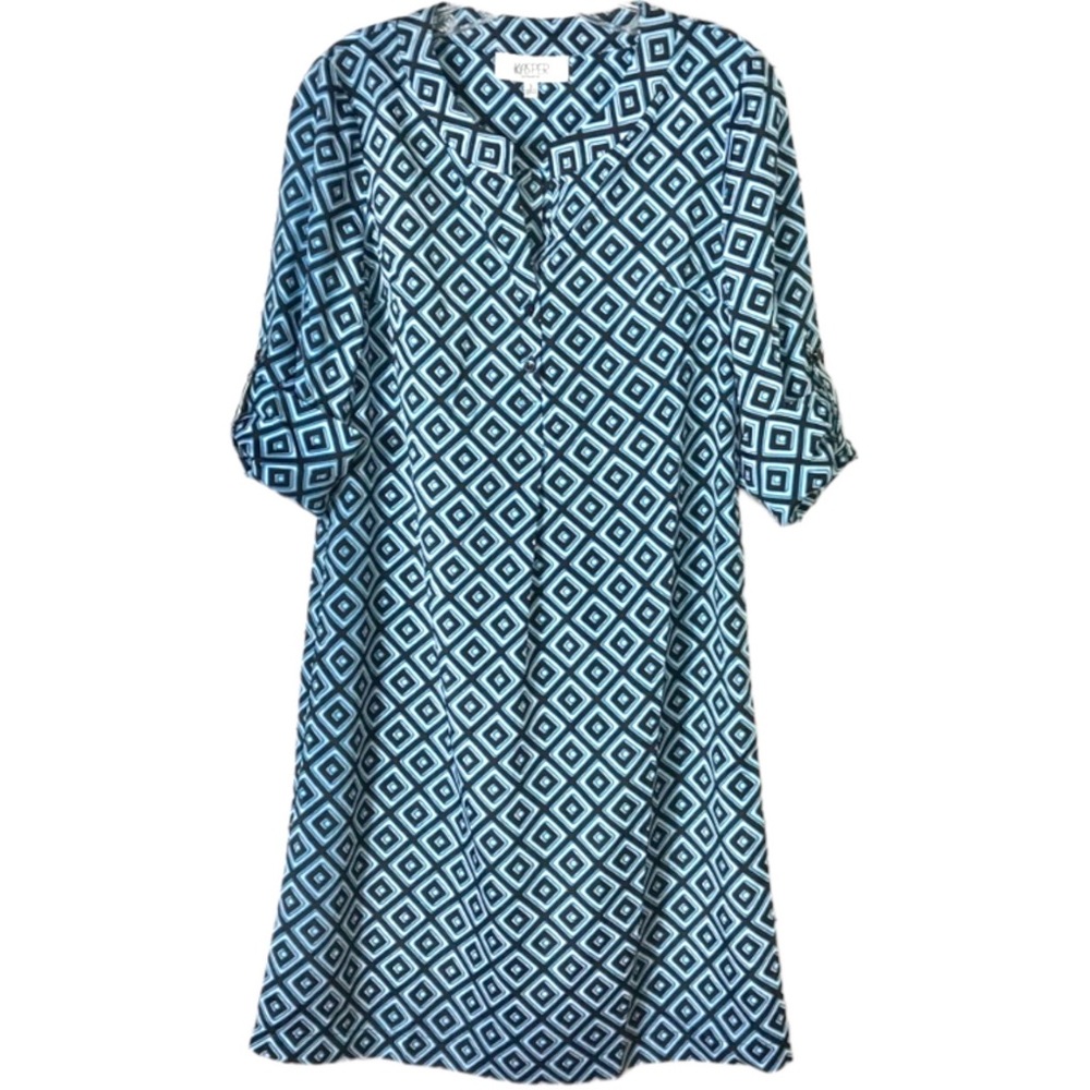 Kasper Geometric Silky Lightweight Roll Tab Sleeve Shift Dress Size S
